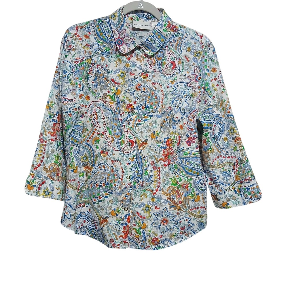 Alfred Dunner Button-Up Top Colorful Paisley Print 3/4 Sleeve Blouse‎ Size 12
